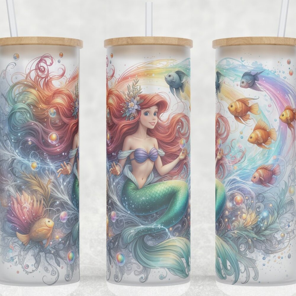 Frosted Glass Ariel The Little Mermaid Watercolor Cup Mug Tumbler 25oz